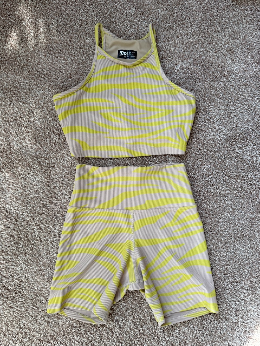 NEOT 2 pieceBeach Riot Yellow Zebra Ribbed Crop Top & High-Waist Bike Shorts Set